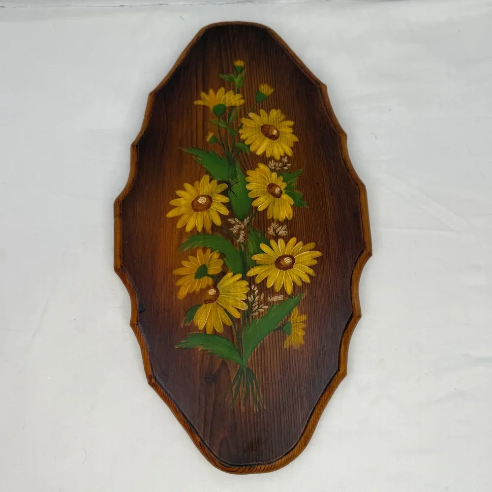 Vintage 1975 Hand Painted Yellow Daisy Floral Wood Plaque Wall Art Folk Art 16in